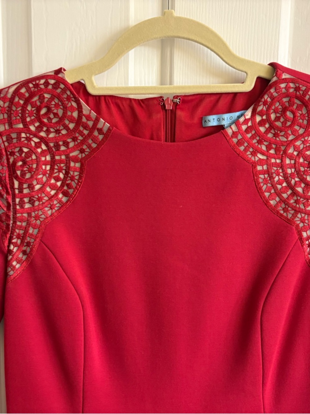 Antonio Milani Red Dress with Lace Shoulder Insets